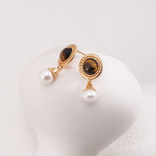 Ohrringe im Vintage-Stil mit Perle und Tigerauge